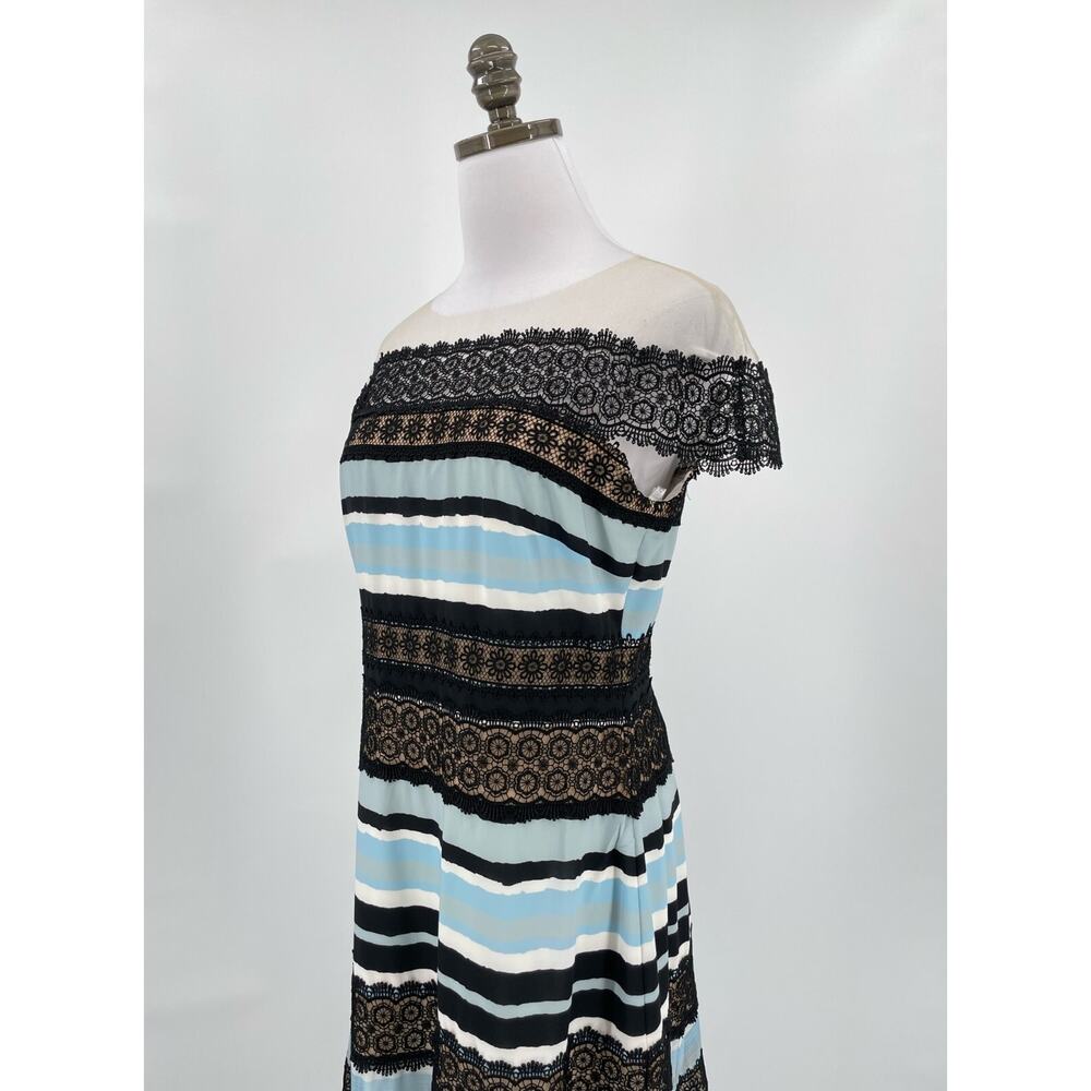 Tadashi Shoji Womens Blue Black Striped Tulle Lace Midi Dress Sz 8 - Picture 4 of 10
